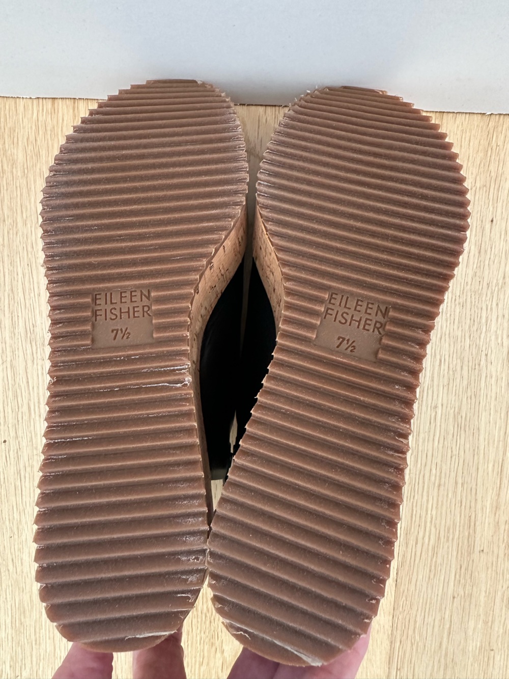 Eileen Fisher - Black Leather / Cork Platform Wedge Sandals - 7 1/2 - Picture 7 of 15